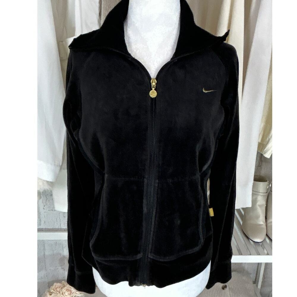 Nike Women's Size M Black Velour Zip Up Ribbed Collar Track Jacket #0611